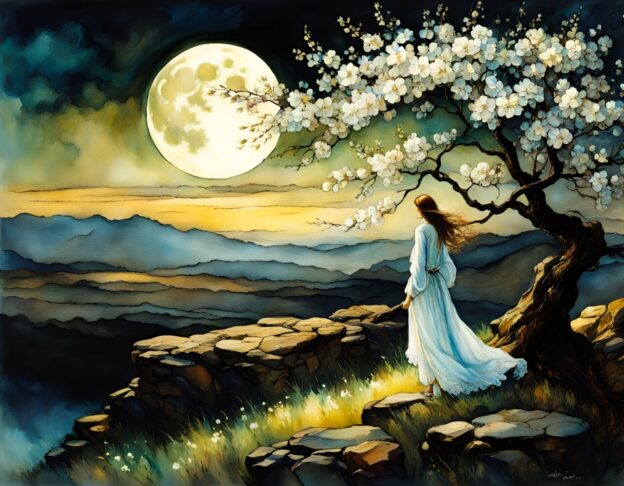 Volle maan bij bloeiende appelboom