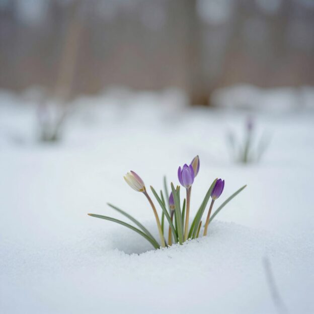 Bloemen in onverwachte sneeuwval
